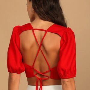 Lulus Subtle Flirt Red Puff Sleeve Lace-Up Crop Top - Small